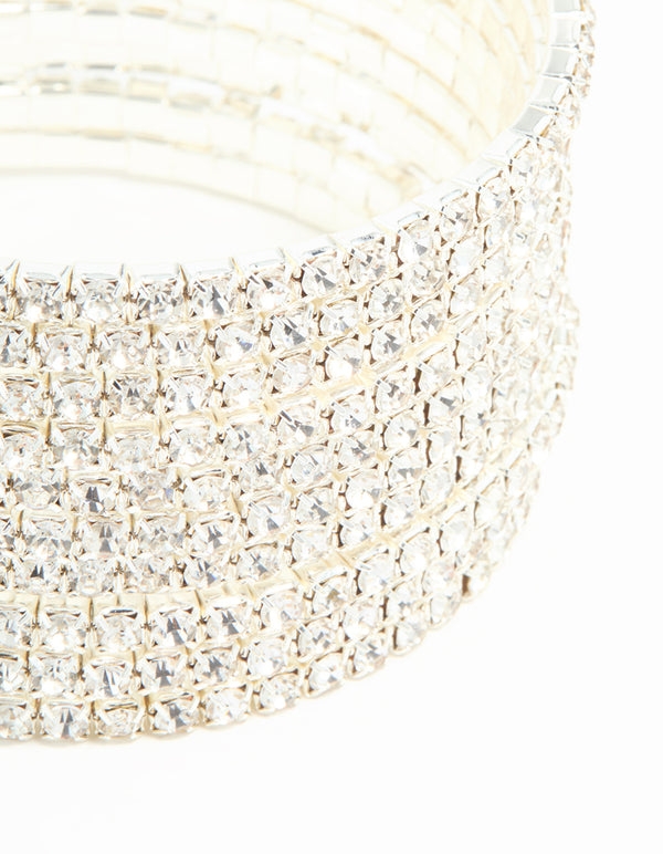 Silver Diamante Wrapped Multirow Wrist Cuff