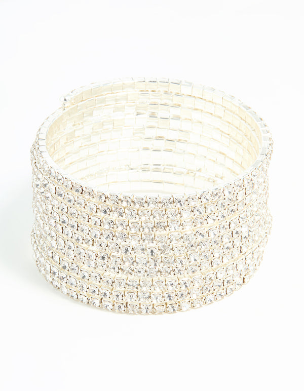 Silver Diamante Wrapped Multirow Wrist Cuff