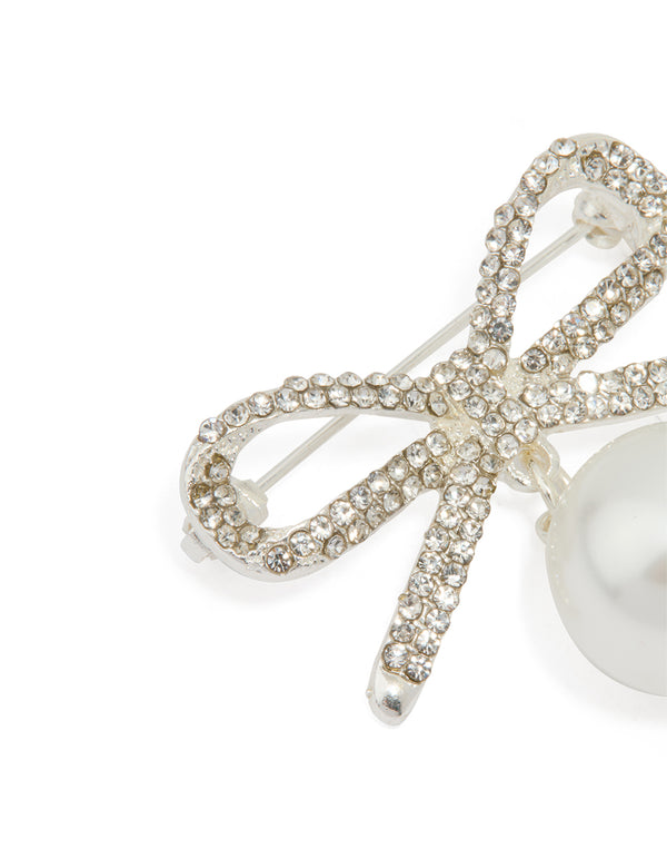 Silver Diamante Pearl & Pavé Bow Brooch