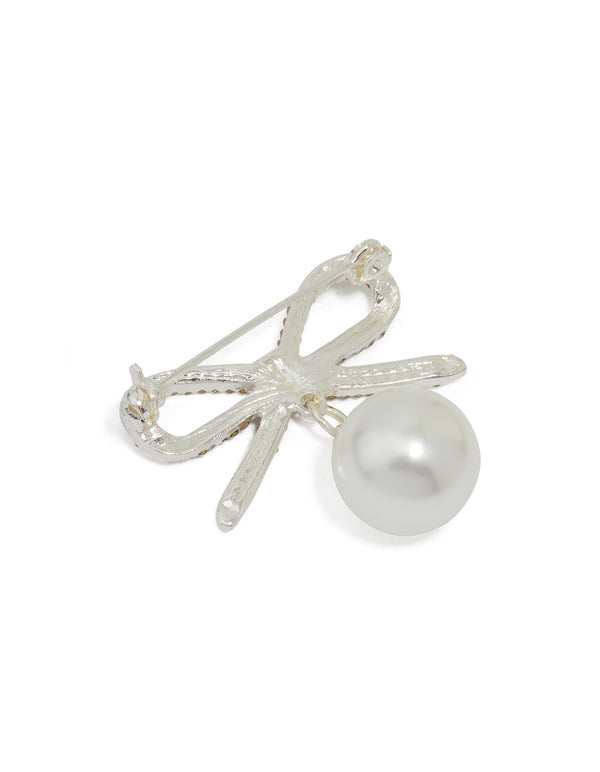 Silver Diamante Pearl & Pavé Bow Brooch