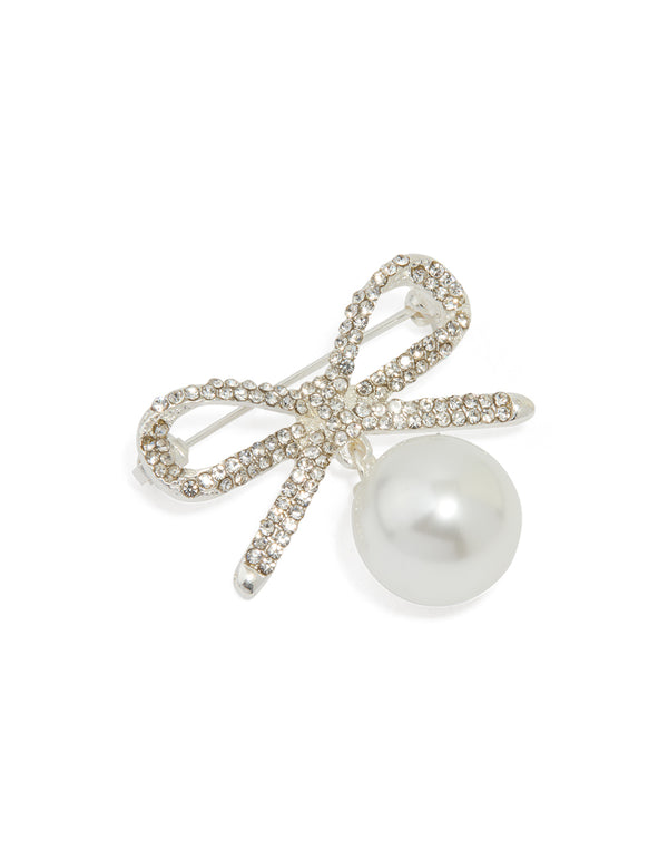 Silver Diamante Pearl & Pavé Bow Brooch