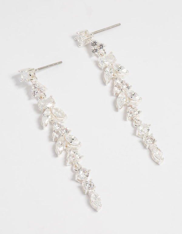 Silver Plated Cubic Zirconia Alternating Vine Linear Drop Earrings