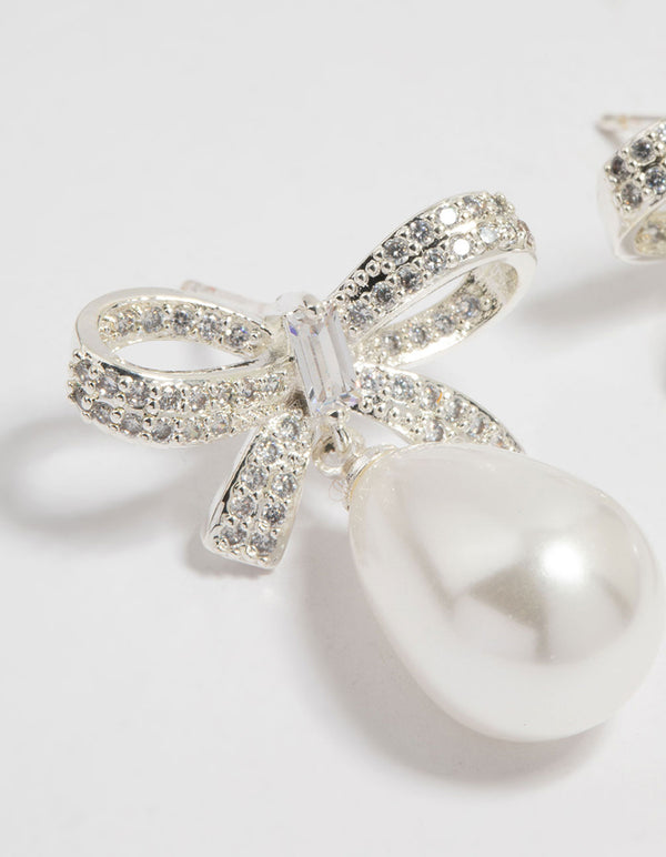Silver Plated Cubic Zirconia & Pearl Bow Drop Earrings