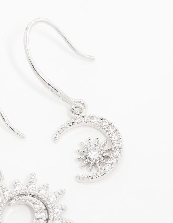 Silver Cubic Zirconia Moon & Sun Drop Earrings