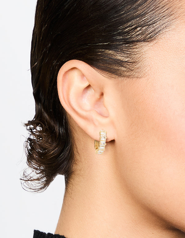 Gold Plated Brass Cubic Zirconia Baguette Medium Huggie Earrings