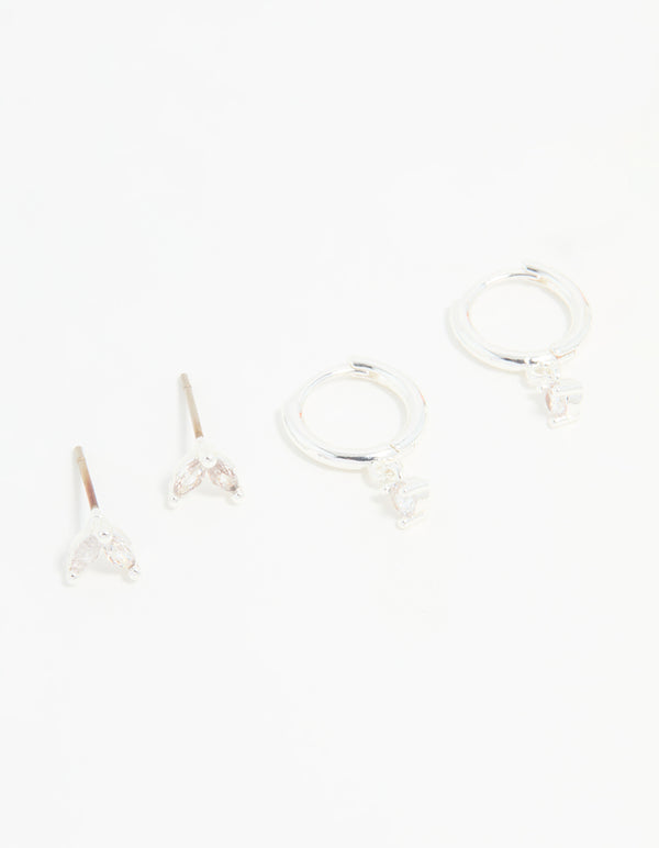 Silver Plated Brass Diamante Baguette Flower Hoop & Stud Earrings 4-Pack