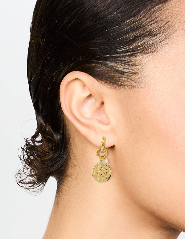 Waterproof Gold Plated Stainless Steel Clover Coin Drop Hoop Earrings