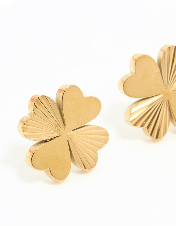 Waterproof Gold Plated Stainless Steel Ribbed Clover Stud Earrings