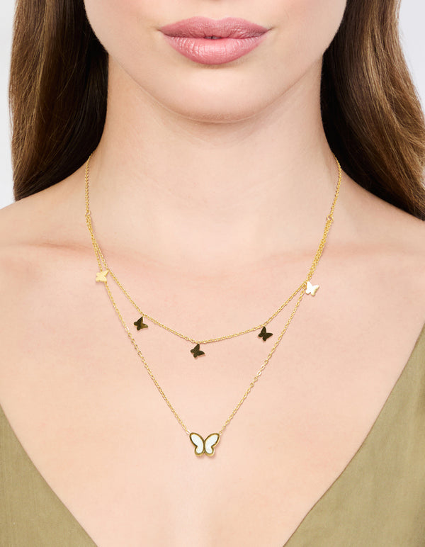 Waterproof Gold Plated Stainless Steel Butterfly Layered Necklace