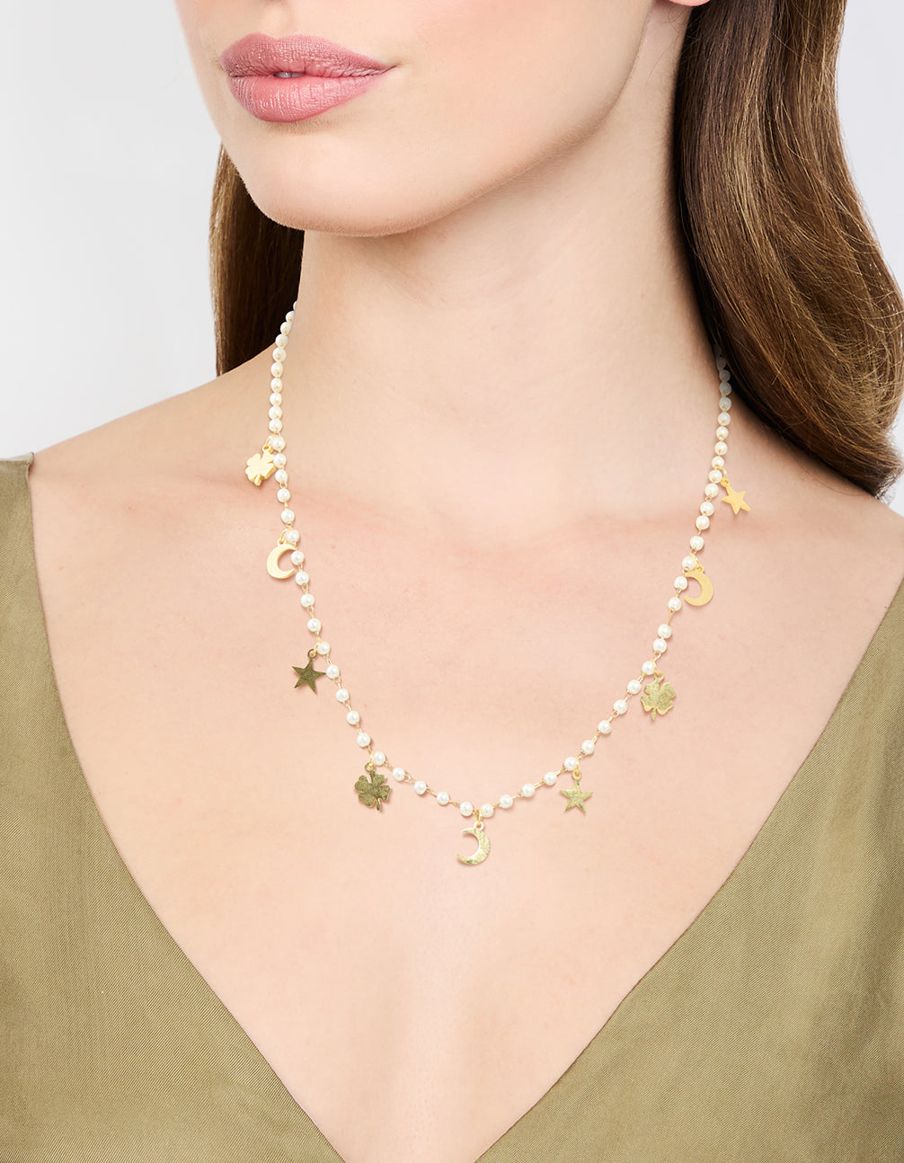 Waterproof Gold Plated Stainless Steel Clover Star & Moon Charm Necklace