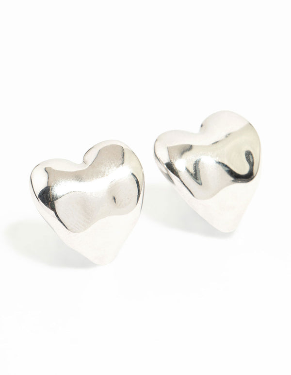 Showcasing dainty stainless steel molten heart stud earrings with waterproof construction in silver front view
