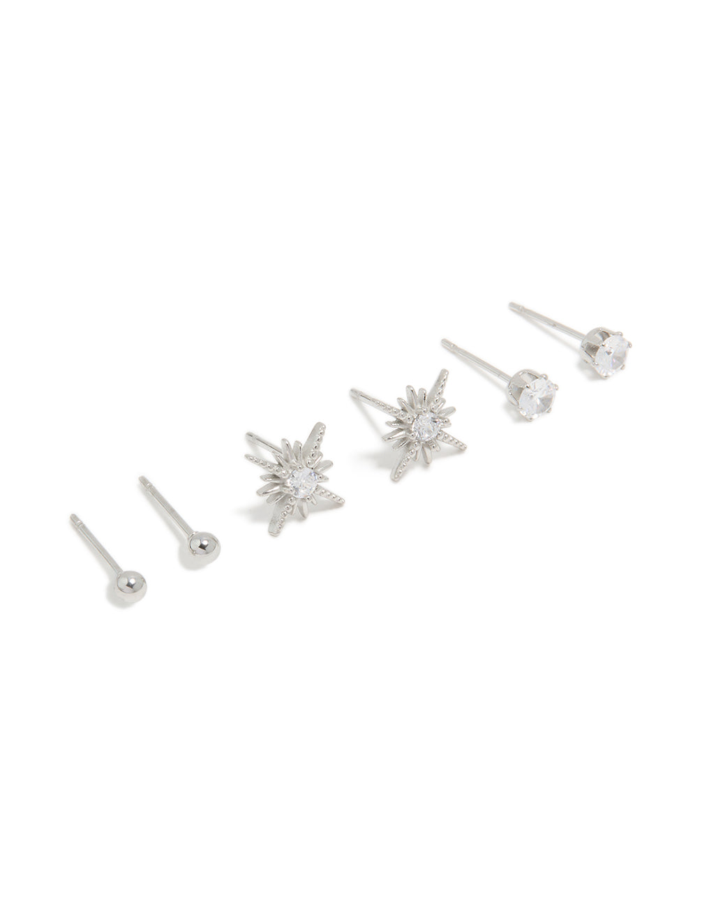Crafted from waterproof stainless steel celestial stud earrings featuring star design with crystal and cubic zirconia in silver front view