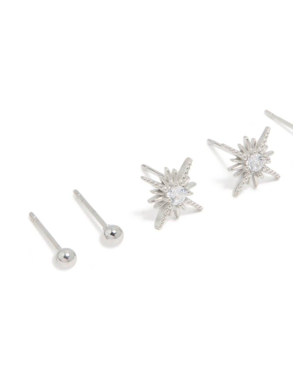Designed with waterproof stainless steel celestial stud earrings featuring star design, crystal and cubic zirconia in silver close up view