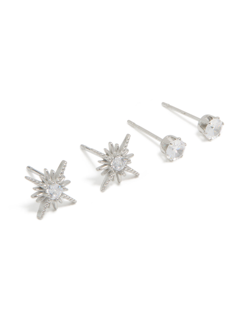 Highlighting waterproof stainless steel celestial stud earrings with star design, crystal and cubic zirconia in silver post detail view