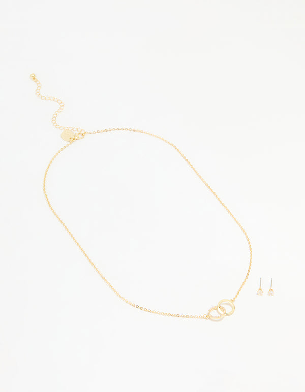 Gold Plated Cubic Zirconia Linked Necklace & Stud Earrings Set