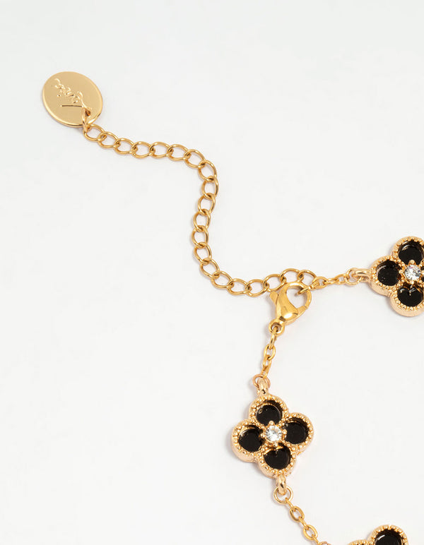 Waterproof Gold Plated Stainless Steel Black Flower Bracelet