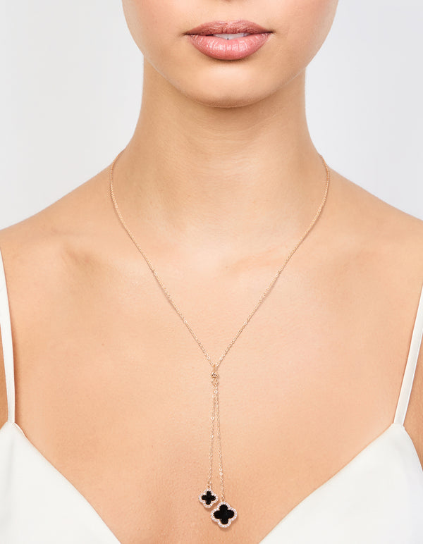 Gold Cubic Zirconia Black Flower Y-Necklace