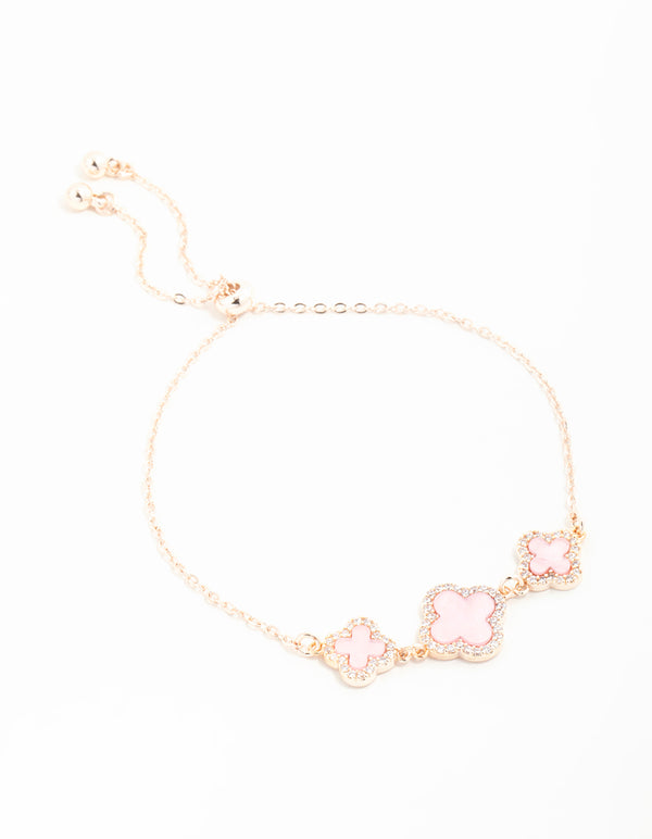Rose Gold Cubic Zirconia Pink Flower Trio Toggle Bracelet