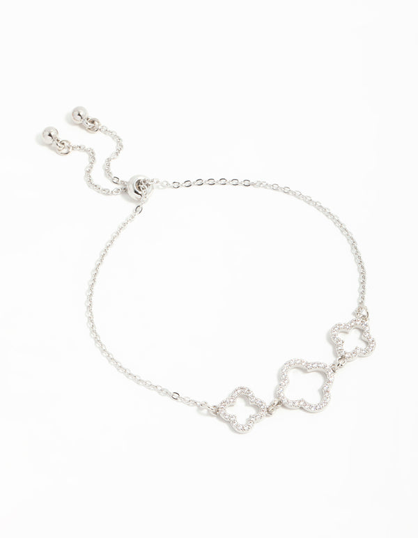 Silver Cubic Zirconia Flower Trio Toggle Bracelet