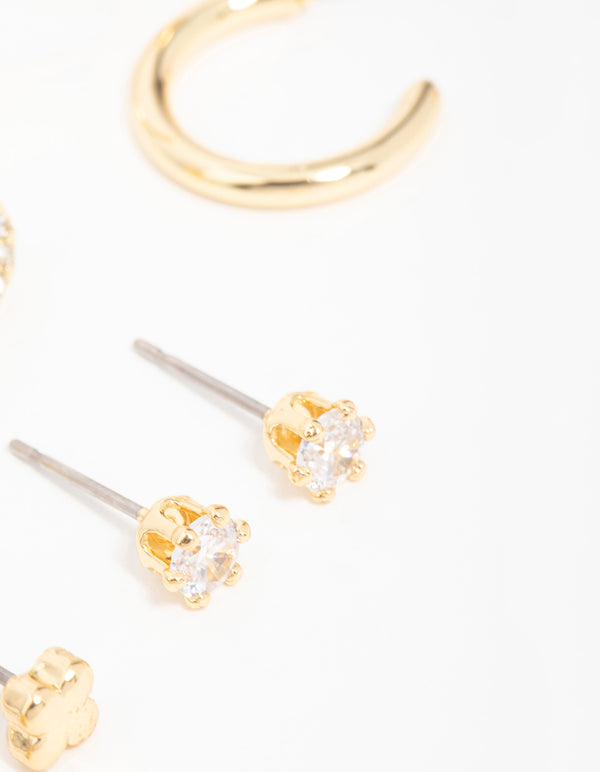 Gold Plated Diamante Flower Studs & Hoop Earrings 4-Pack