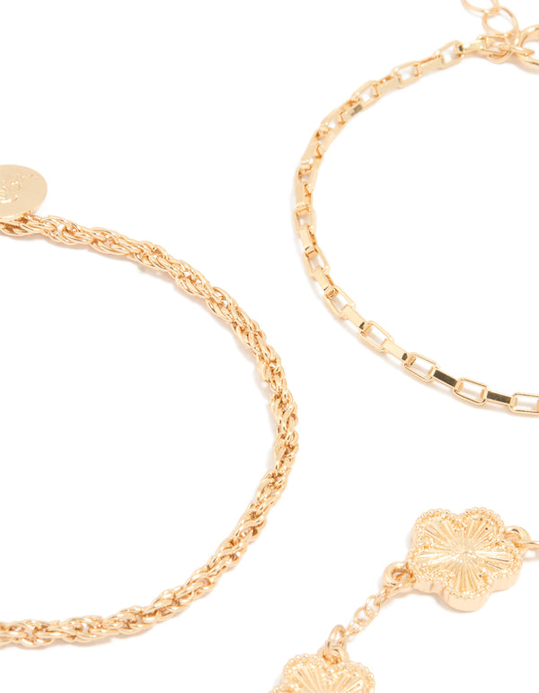 Gold Ribbed Flower & Chain Bracelets 3-Pack