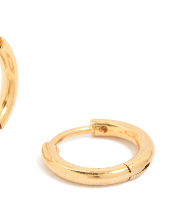 These are waterproof gold plated stainless steel clicker huggie earrings 8MM post detail view