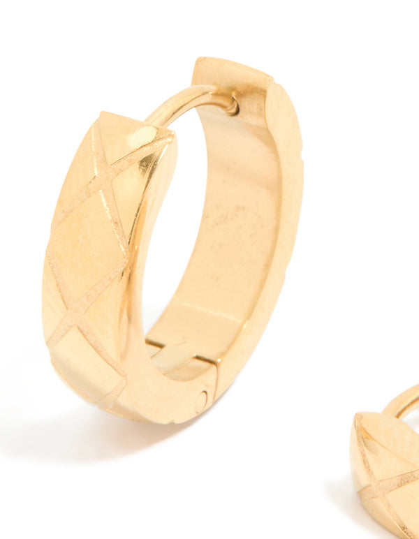 Waterproof Gold Plated Stainless Steel Textured Cushion Huggie Earrings