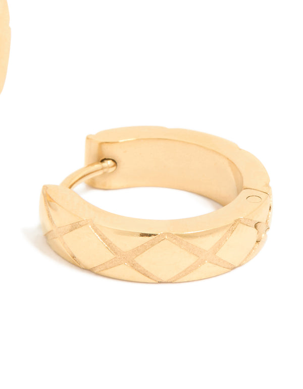 Crafted from waterproof gold plated stainless steel textured cut huggie earrings post detail view
