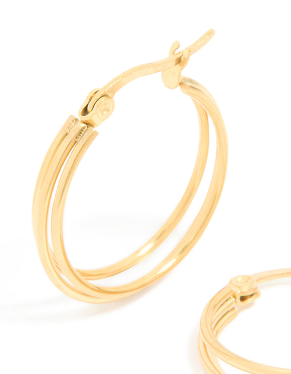 Waterproof gold plated stainless steel double hoop earrings with clasp mechanism close up view