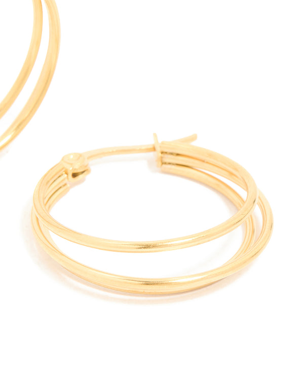 Designed with waterproof gold plated stainless steel double hoop earrings showing post detail view