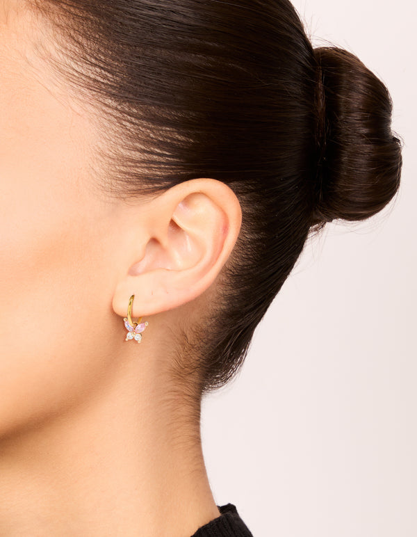Gold Plated Surgical Steel Pink Cubic Zirconia Butterfly Sleeper Earrings