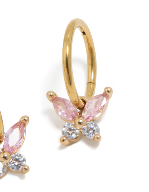 Detailed perspective of hoop closure mechanism and prong settings on butterfly charm sleeper earrings post detail view