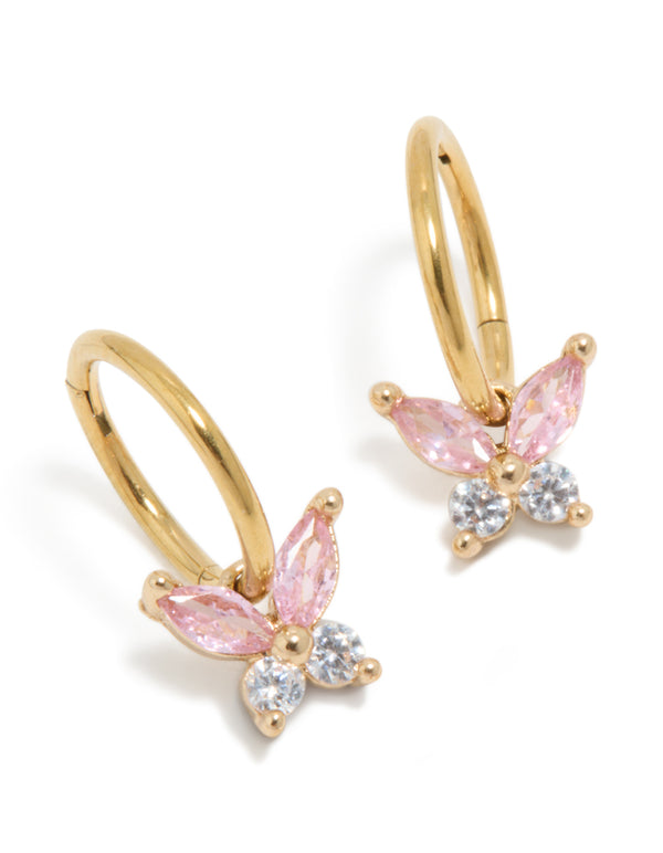 Showcasing gold plated surgical steel sleeper earrings featuring butterfly with pink cubic zirconia front view