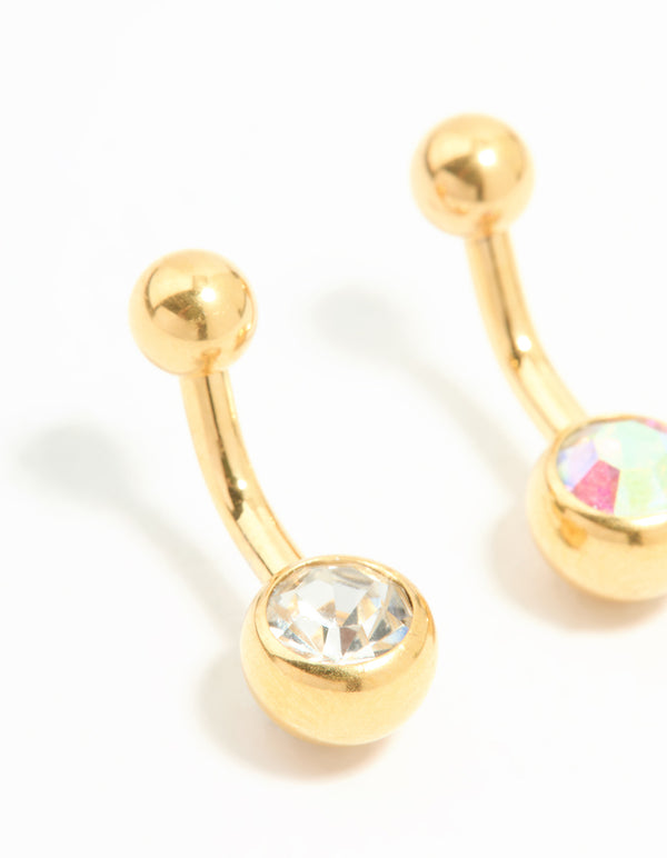 Gold Plated Titanium Cubic Zirconia Simple Belly Bars 2-Pack