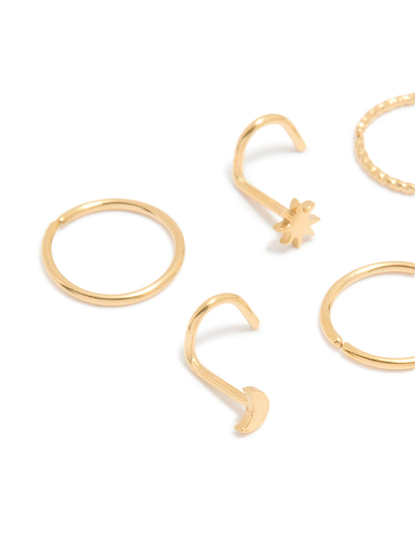 Gold Plated Surgical Steel Star & Moon Nose Piercings 6-Pack