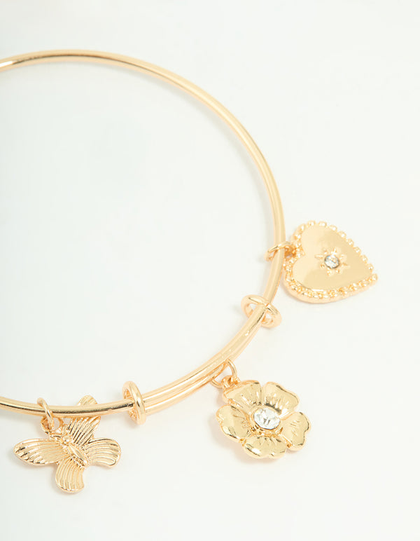 Gold Butterfly Heart & Flower Charm Adjustable Bangle