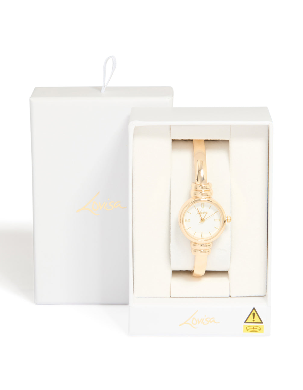 Stylishly presented women's white dial roman numeral round shaped analog watch in gold for casual occasions featuring statement style bangle bracelet design on case detail view