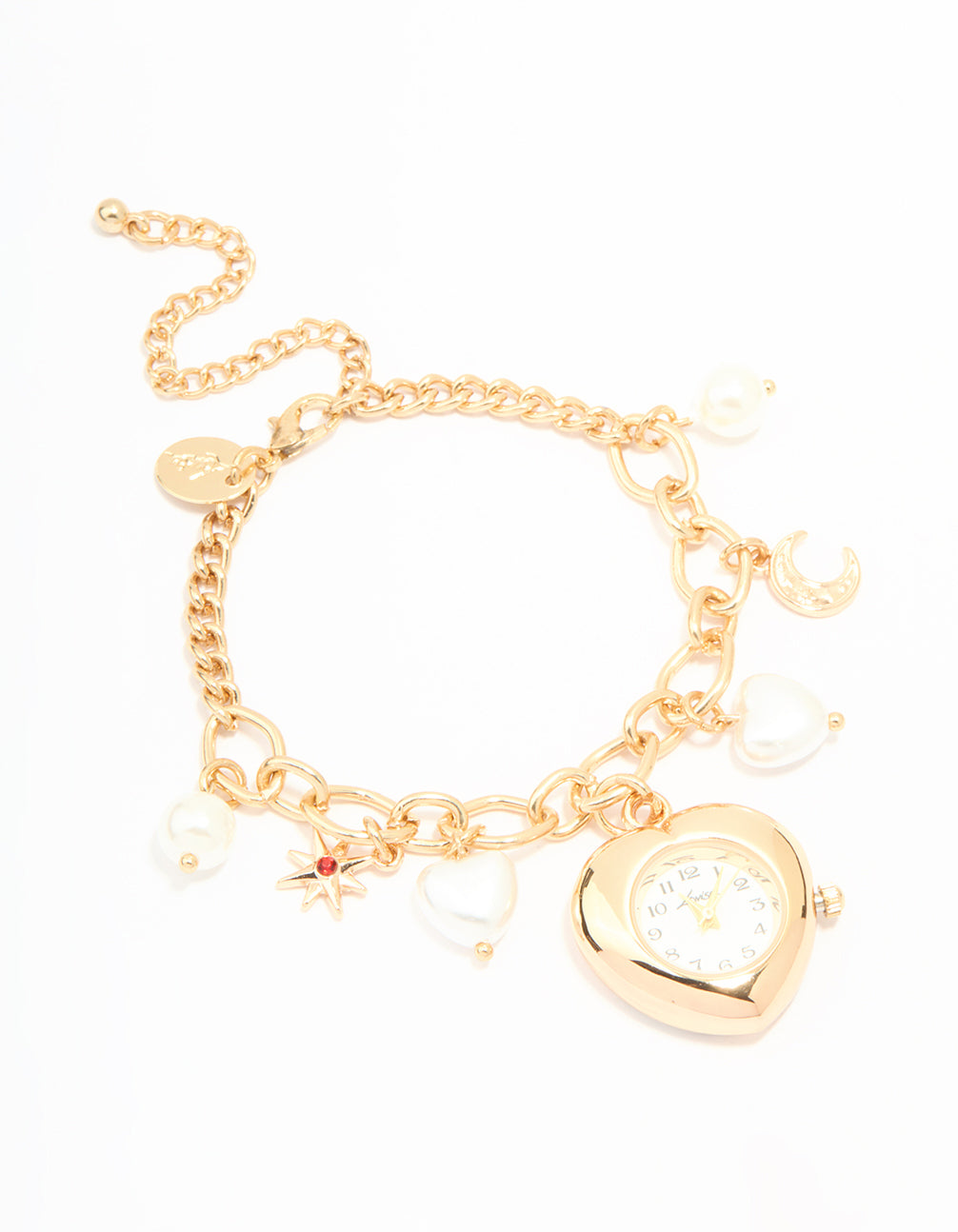 Beautifully crafted gold pearl heart charm watch bracelet featuring moon and star details with white round numbered dial, analog display, designed for women for casual occasions front view