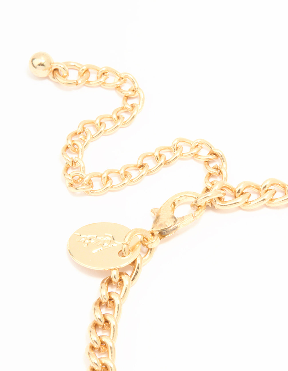 Highlighting gold pearl heart charm watch bracelet with moon and star accents, white round numbered dial, analog type, crafted for women for casual occasions closure detail view