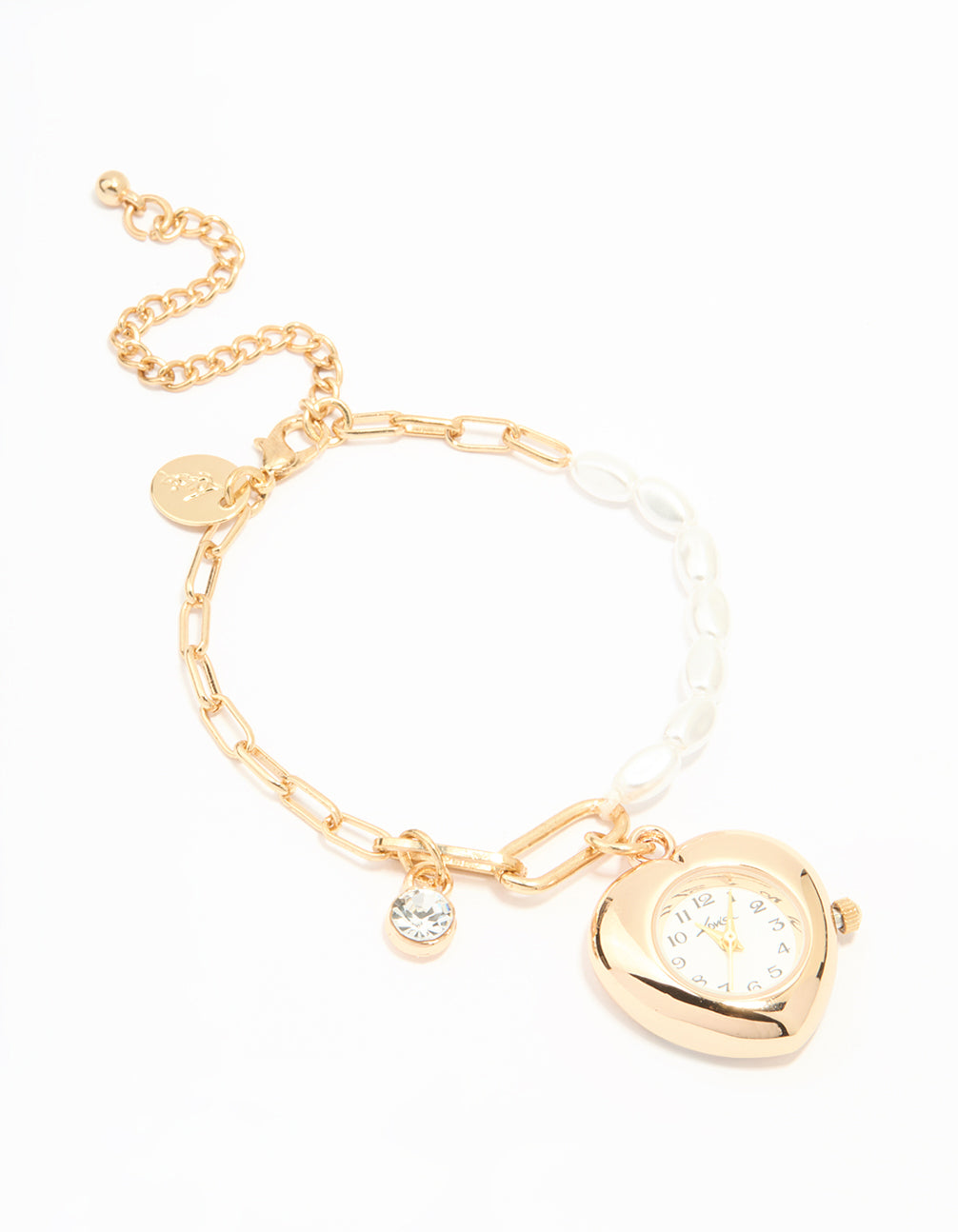 Showcasing a gold pearl heart watch bracelet with charms, white dial with number, analog display, link band, and casual styling for women front view