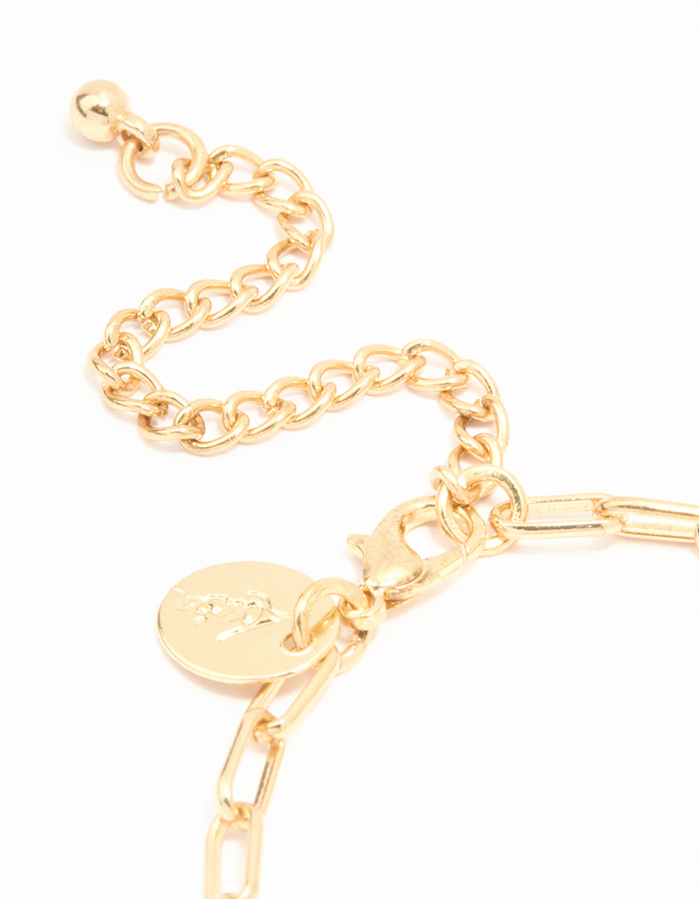 Beautifully crafted, this gold pearl heart watch bracelet with charms, white dial with number, analog display, link band, and casual styling for women closure detail view