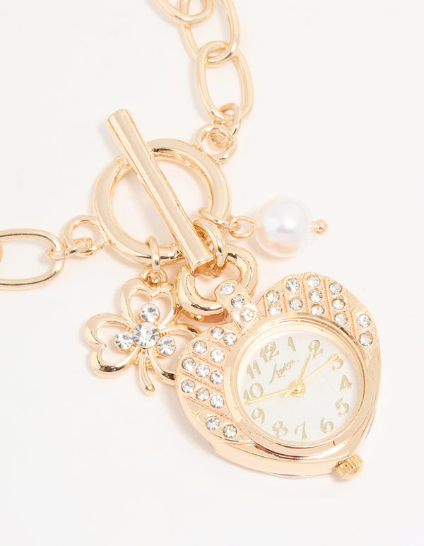 Gold Diamante & Pearl Watch Clover Charm Bracelet