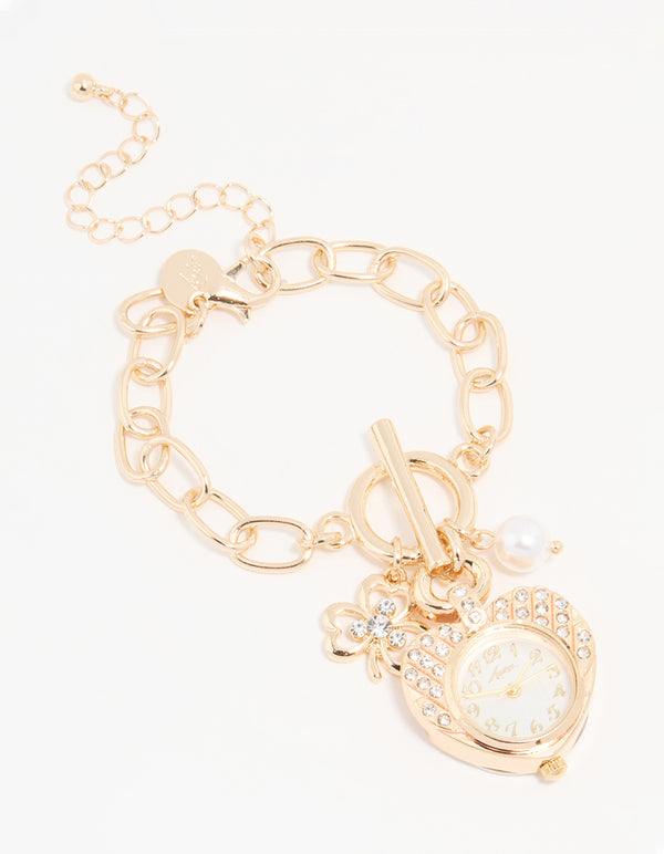 Gold Diamante & Pearl Watch Clover Charm Bracelet