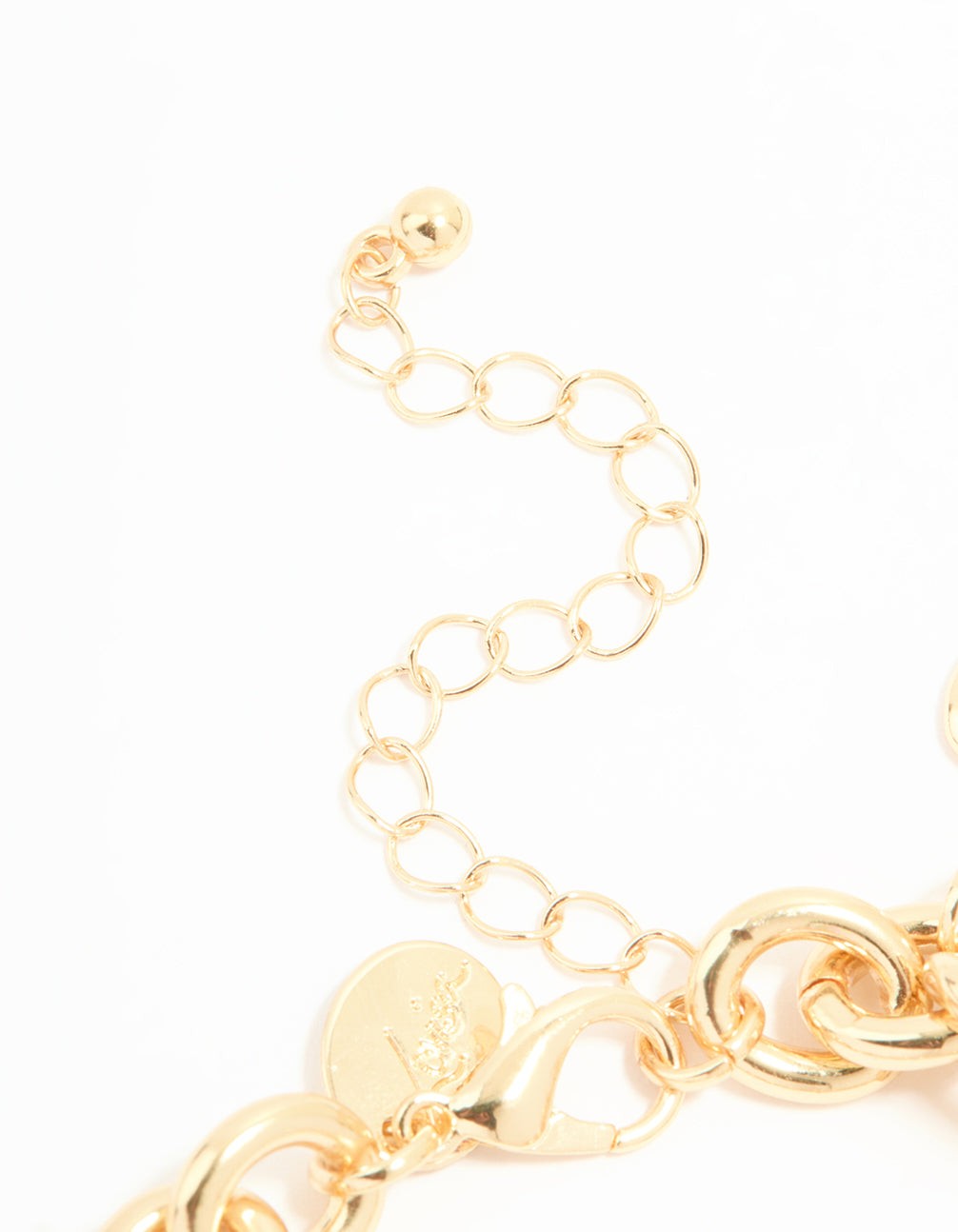 Designed with bird, bow, heart, and cross charms, this statement bracelet watch in gold features yellow square dial, women's casual analog timepiece on link band watch closure detail view