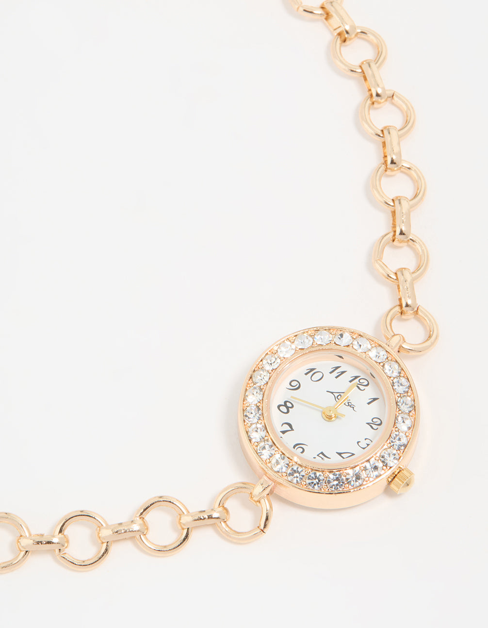 Discover this gold diamante round watch choker necklace featuring numbers on a white dial, women's casual analog timepiece with statement design watch face detail view