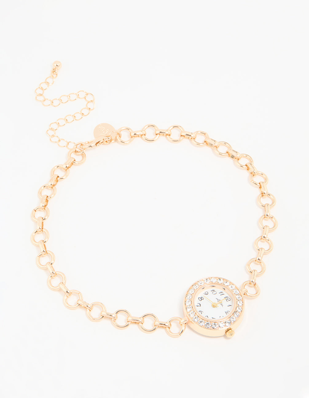 Explore this gold diamante round watch choker necklace with numbers on white dial, women's formal analog timepiece featuring statement design front view