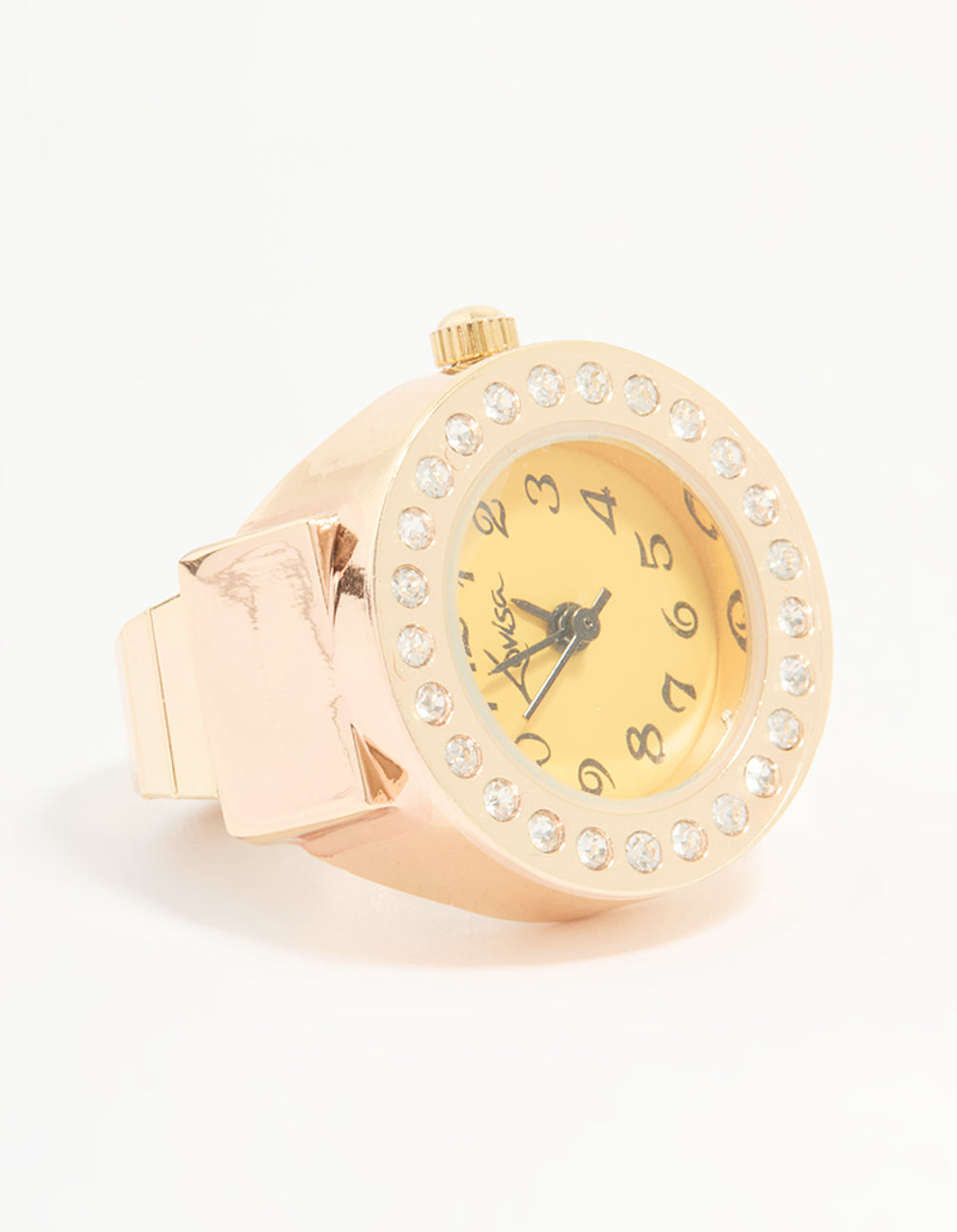 Discover a statement watch ring with numbers, yellow dial, cubic zirconia, analog women's casual in gold watch face detail view