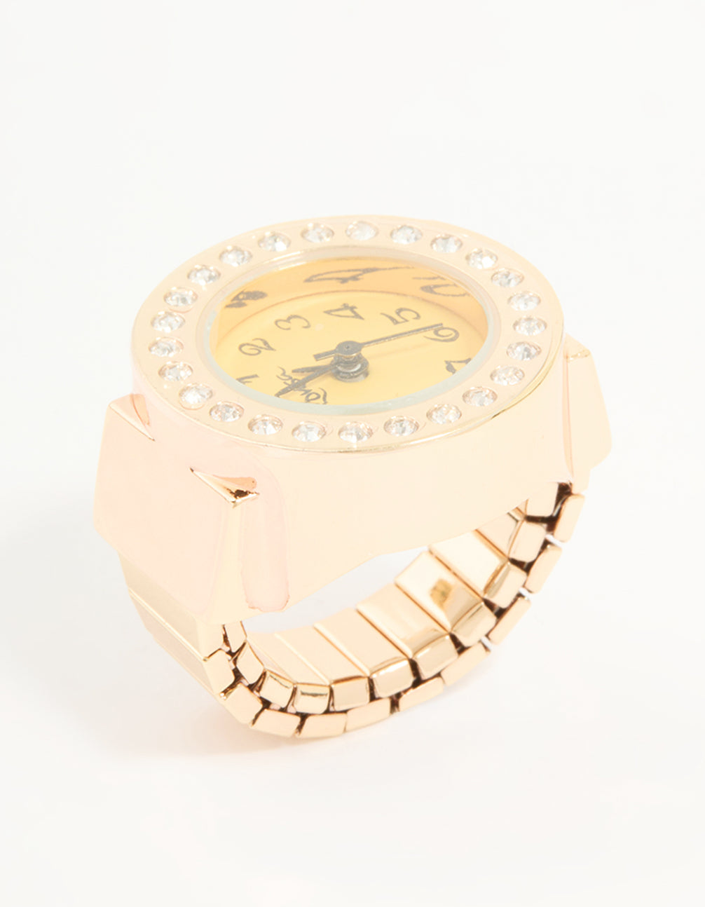 Stunning statement watch ring with numbers, yellow dial, cubic zirconia, analog women's casual in gold front view
