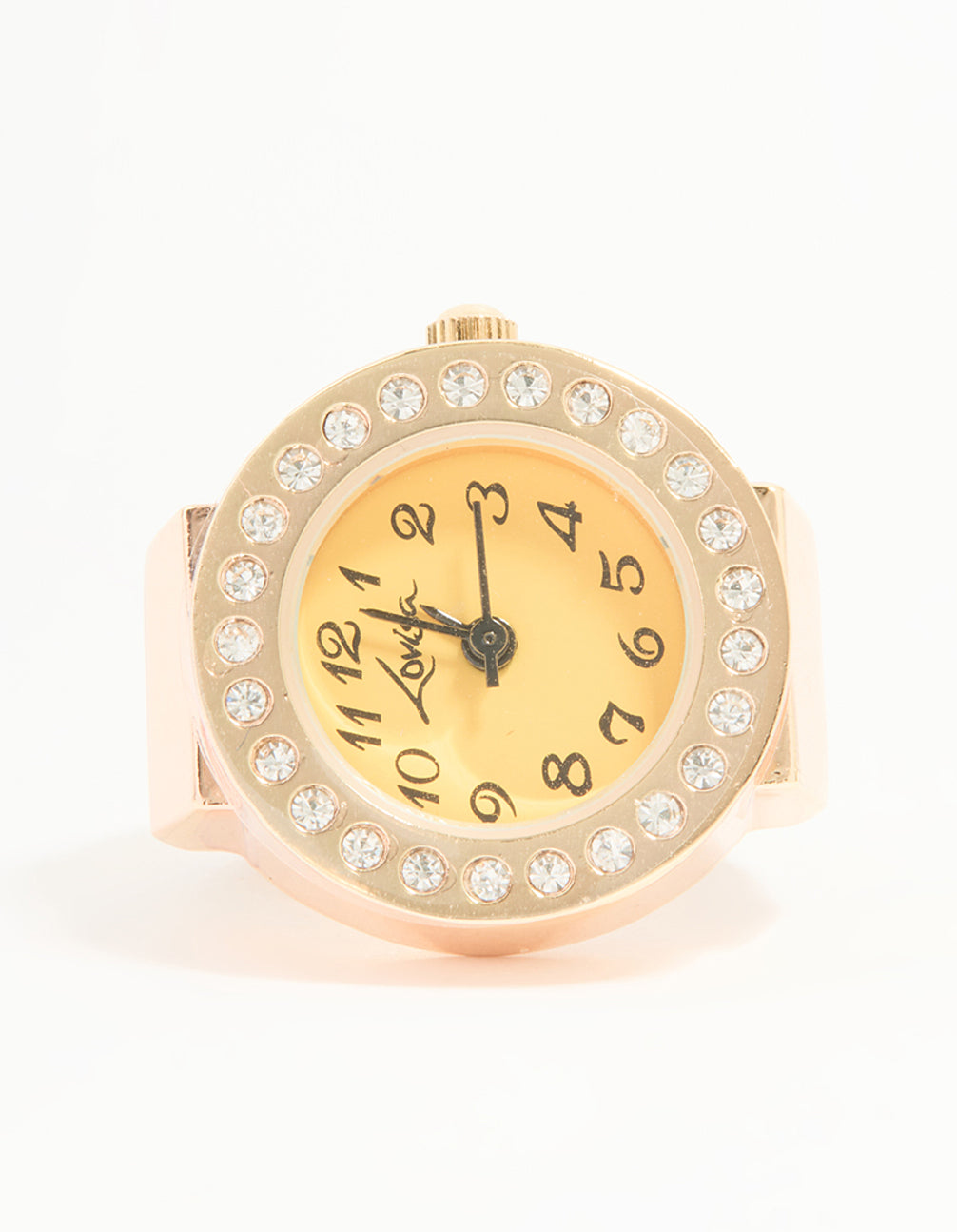 Introducing a statement watch ring designed with numbers, yellow dial, cubic zirconia, analog women's casual in gold watch case detail view