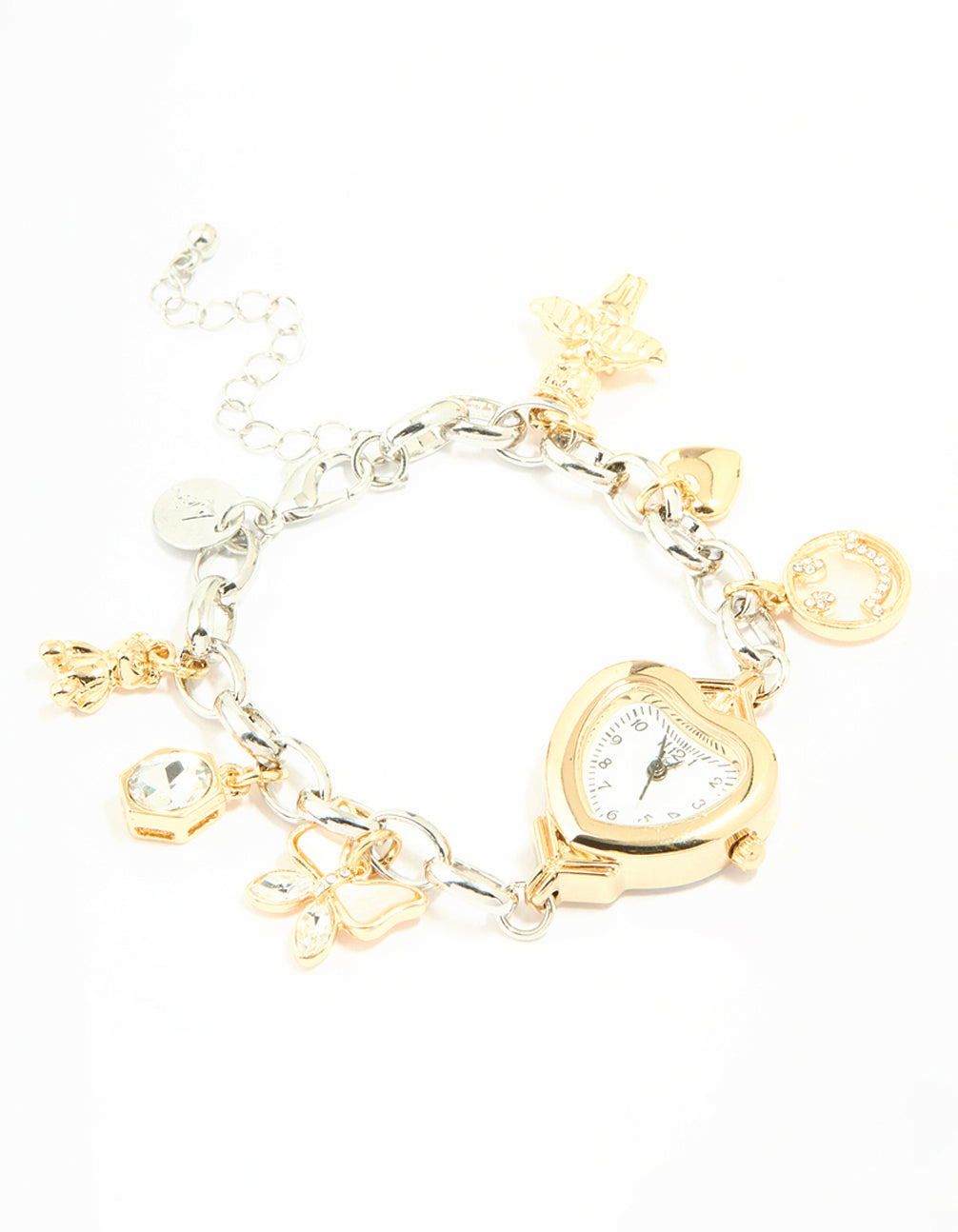 Discover a mixed metals heart watch and butterfly charm bracelet featuring bear with white dial, number look display, analog movement, link band strap in multi-color, casual occasion design for women, gold and silver tones front view